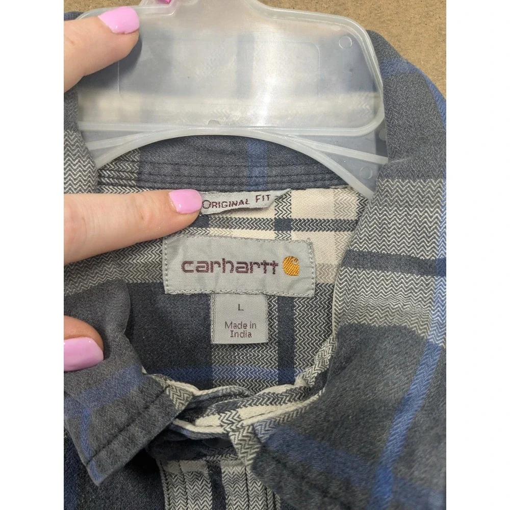 Carhartt Mens Blue Grey Plaid Flannel Shirt Original Fit L 101294 013